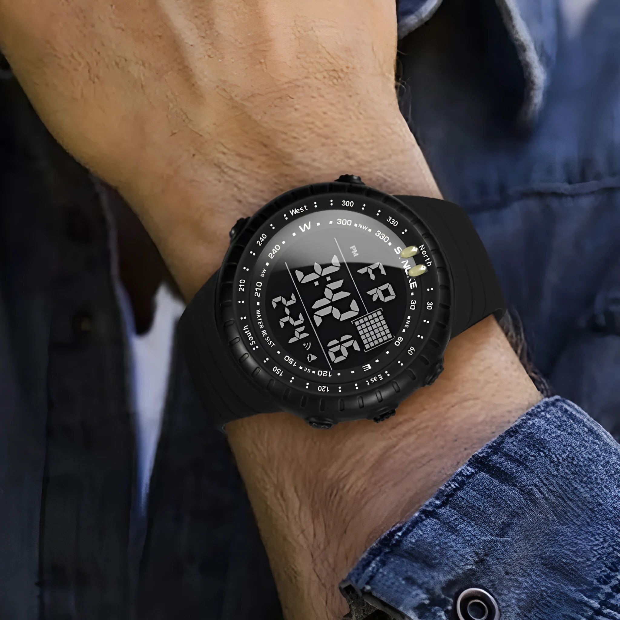 Black waterproof outdoor electronic watch with plastic case and PU strap showing 54.74mm dial
