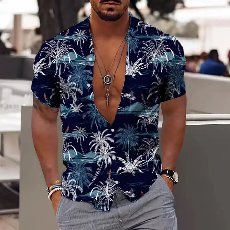 Men's floral print short sleeve shirt in loose cardigan style for summer