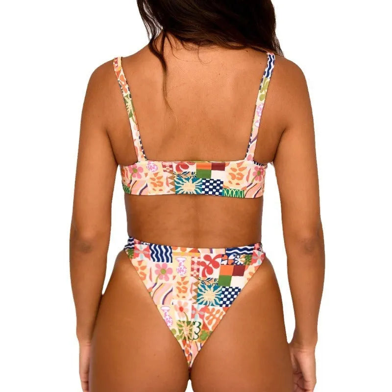 Printed European and American fashion women's fission backless swimsuit briefs in polyester spandex, multiple colours available.