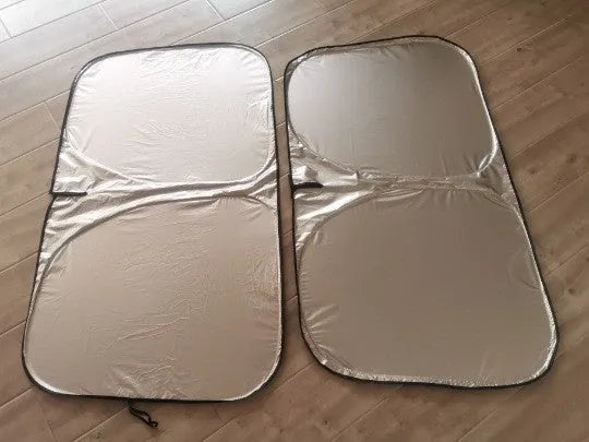 Aluminium foil car windscreen sunshade in titanium silver colour showing heat reflective surface