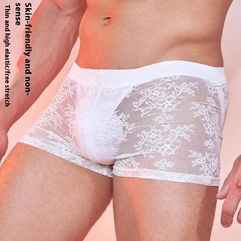 Men's black lace boxers made from nylon fabric, free size.