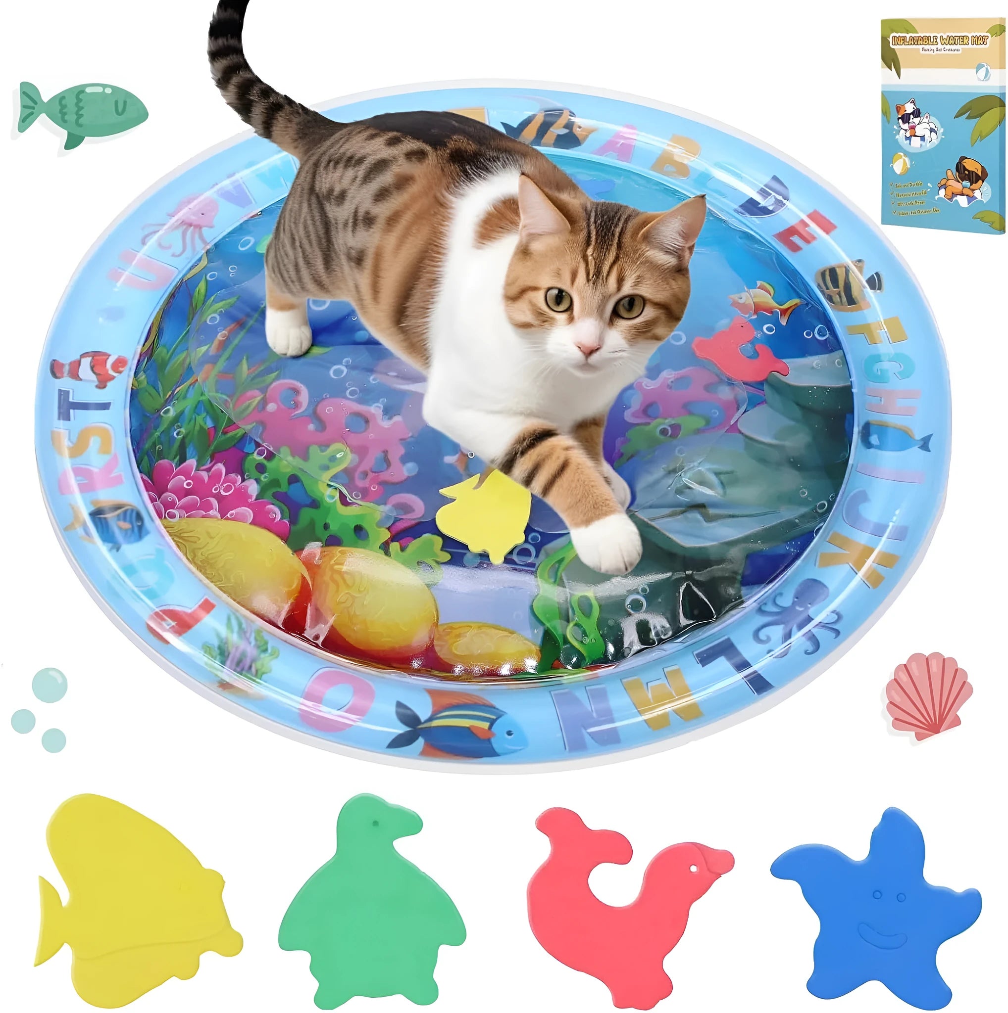Square cat water play mat with ocean fish design and floating toys inside for sensory pet exercise