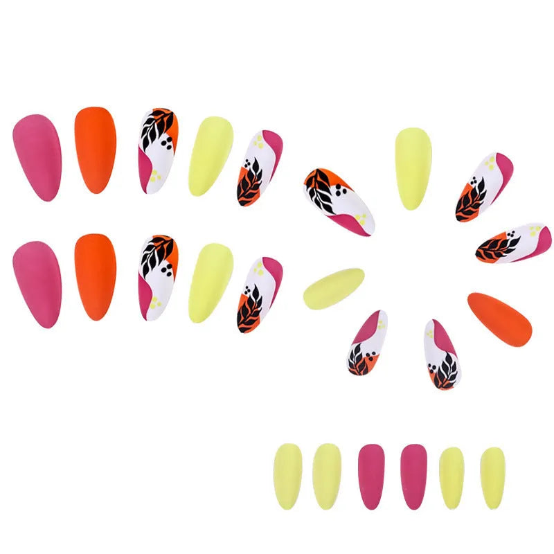 Wear Armour medium almond frosted nail stickers showing four designs: colourful leaves, leopard print, macarons, and plating.