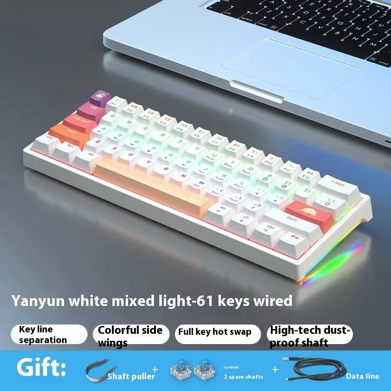 Bluish-black 61-key mechanical keyboard with hot-swappable switches on a desk