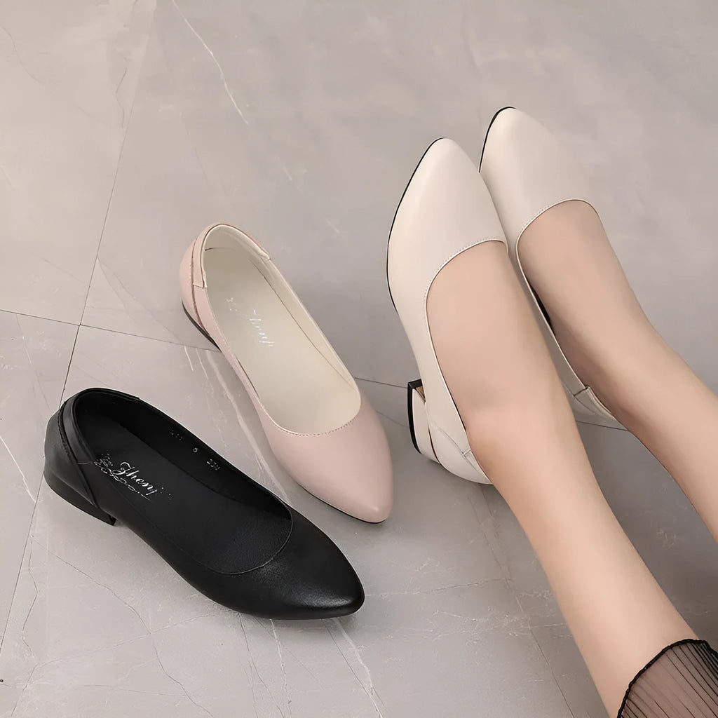 Autumn cowhide flat pointed low-cut shoes in beige with low heel and buckle fastening