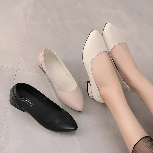 Autumn cowhide flat pointed low-cut shoes in beige with low heel and buckle fastening