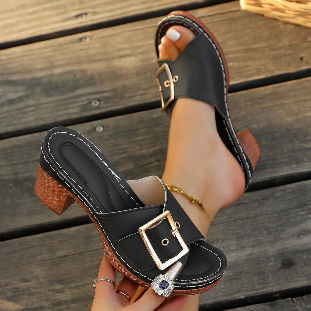 Women's retro chunky heel buckle slippers in black and light blue colours
