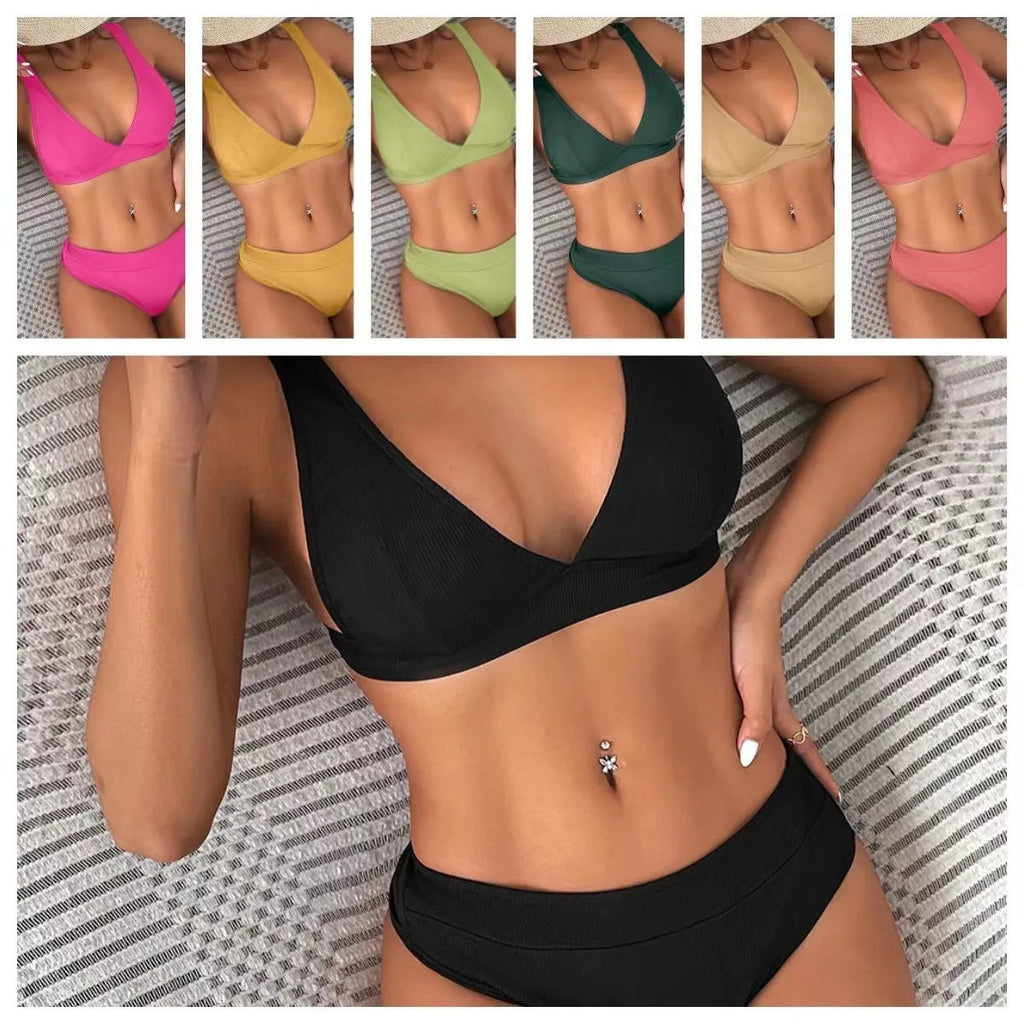 Women's black bikini set with rib lace-up detail on the top and high-leg split briefs.