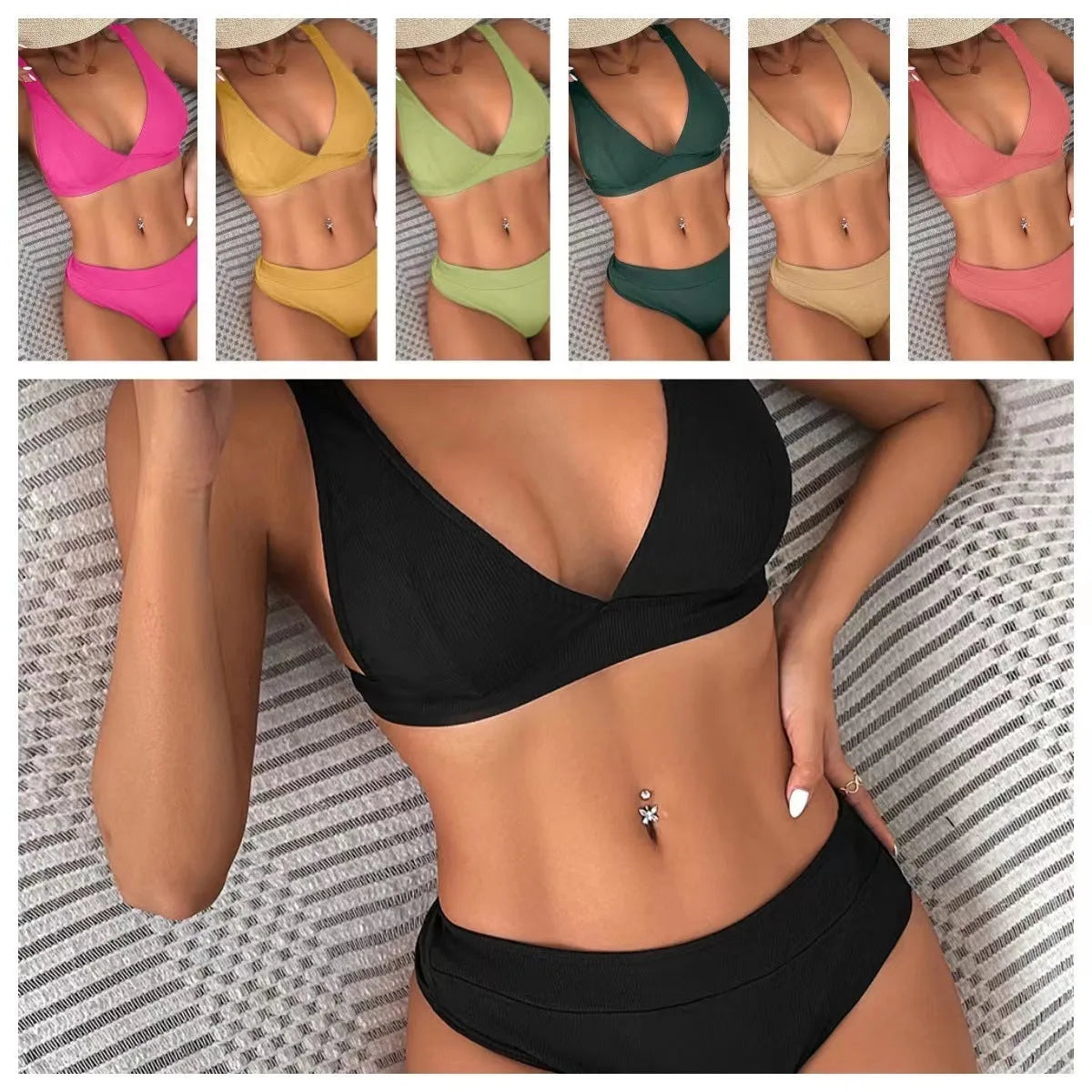 Women's black bikini set with rib lace-up detail on the top and high-leg split briefs.