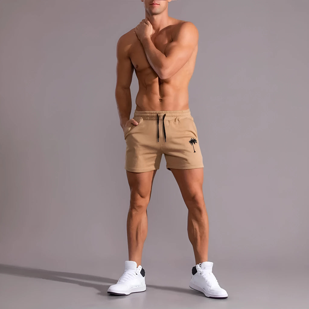 Men's khaki sports shorts with coconut print design and straight leg cut