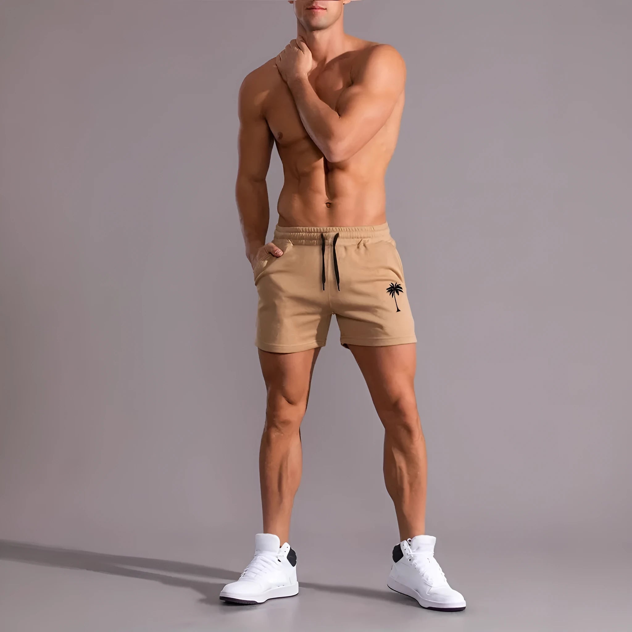 Men's khaki sports shorts with coconut print design and straight leg cut