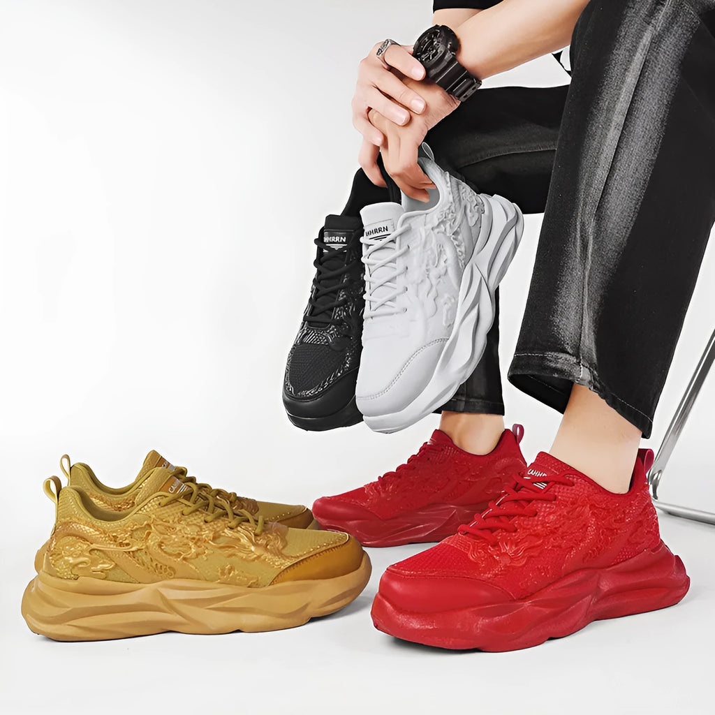 Loong dragon pattern casual sneakers with fly knit upper and rubber sole