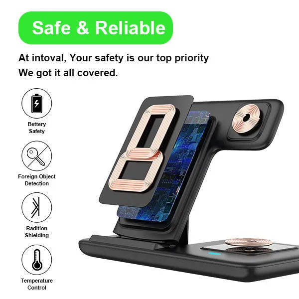 Three-in-one foldable wireless charger in black with twin coil and 15W fast charge for phone watch earbuds