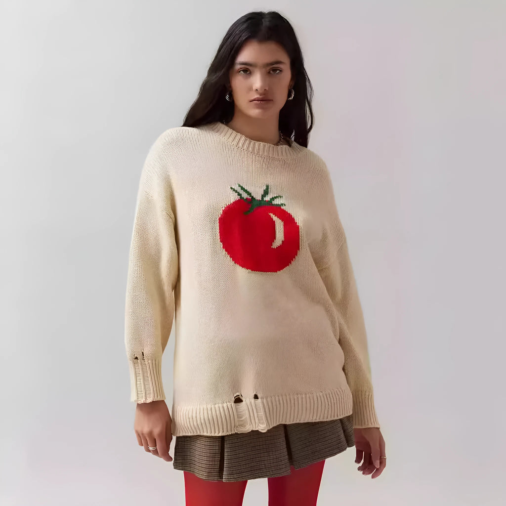 Women's loose-fit acrylic jacquard knit sweater with round neck and long sleeves in milky white