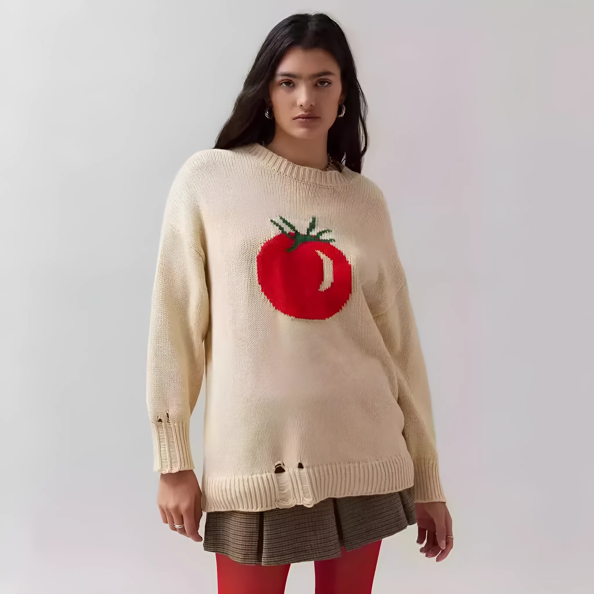 Women's loose-fit acrylic jacquard knit sweater with round neck and long sleeves in milky white