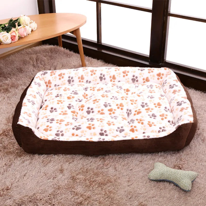 Plush fabric dog bed with foam cushion in beige, camel, or pink colour options
