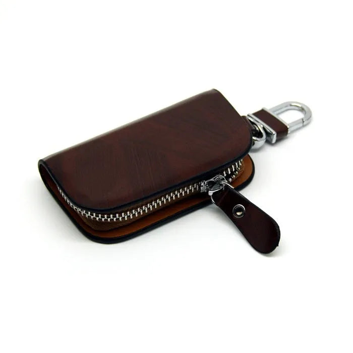 Genuine cowhide leather car key case with frosted finish in black and brown colours.