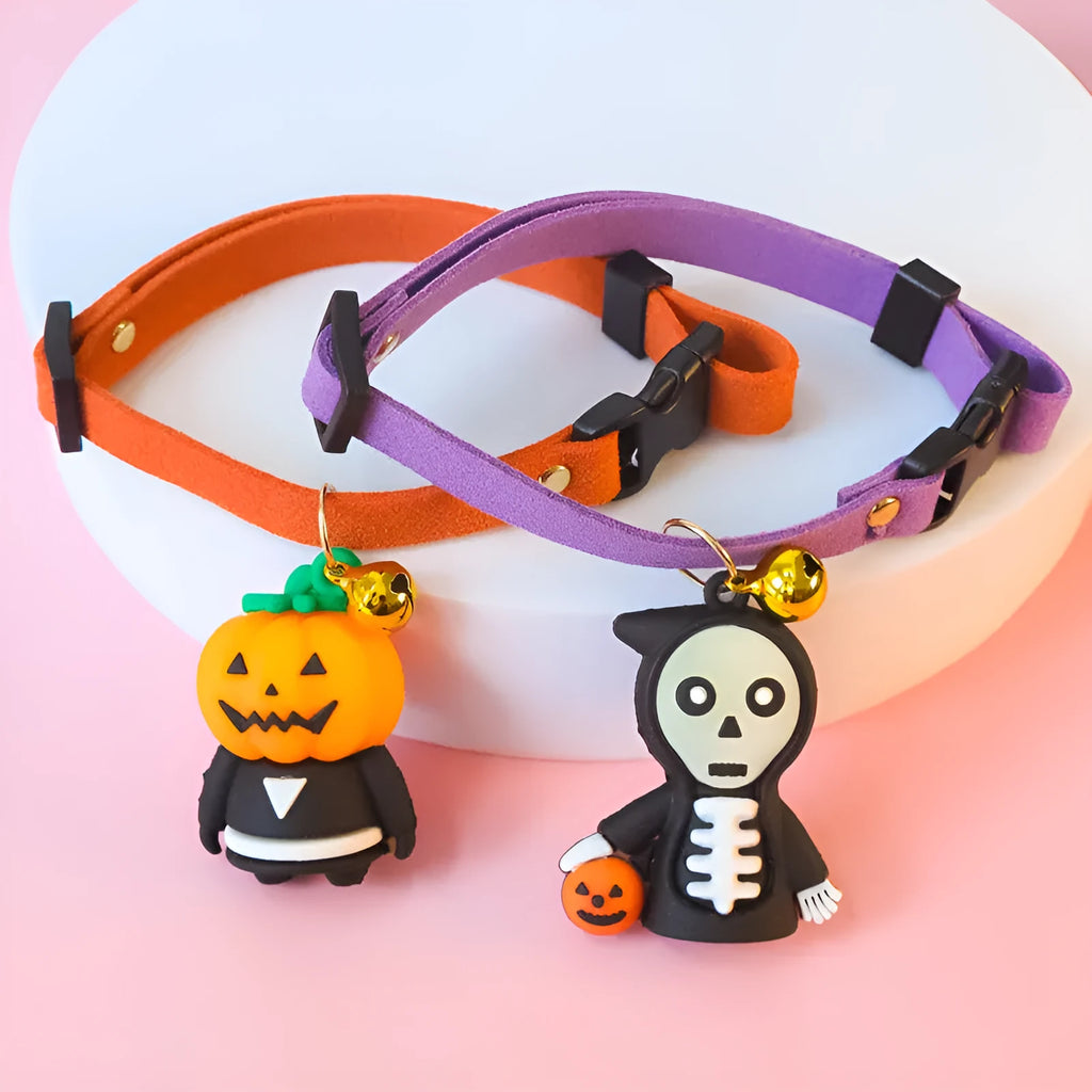 Halloween dog collar with pumpkin man and glow skull patterns in adjustable sizes