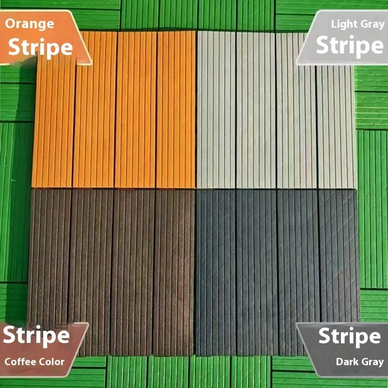 Pack of ten wood grain patterned plastic floor tiles showing 300x300mm size and non-slip surface texture.