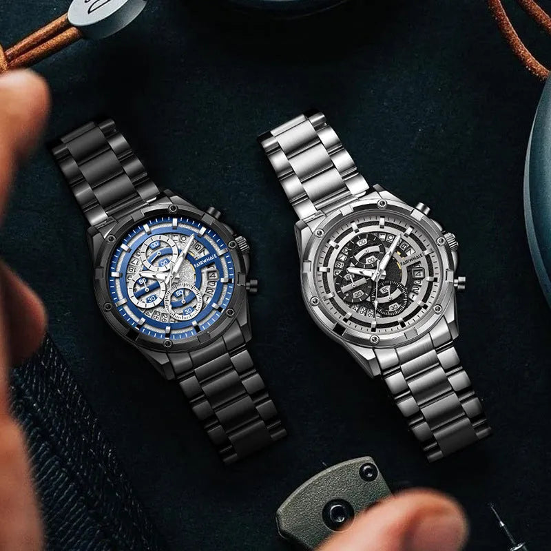 Men's waterproof luminous casual quartz watch with steel belt in black and blue, black and gold, or silver and white colour options