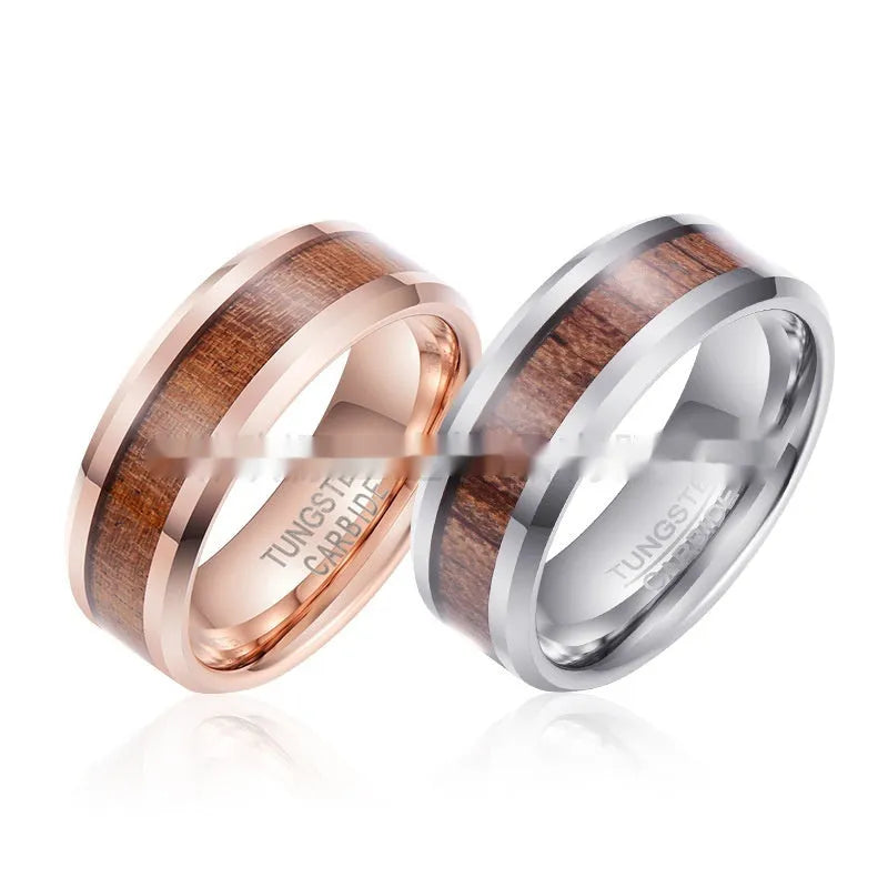 Ugyen tungsten ring with wood and leather inlay showing 8mm width and U-shaped profile