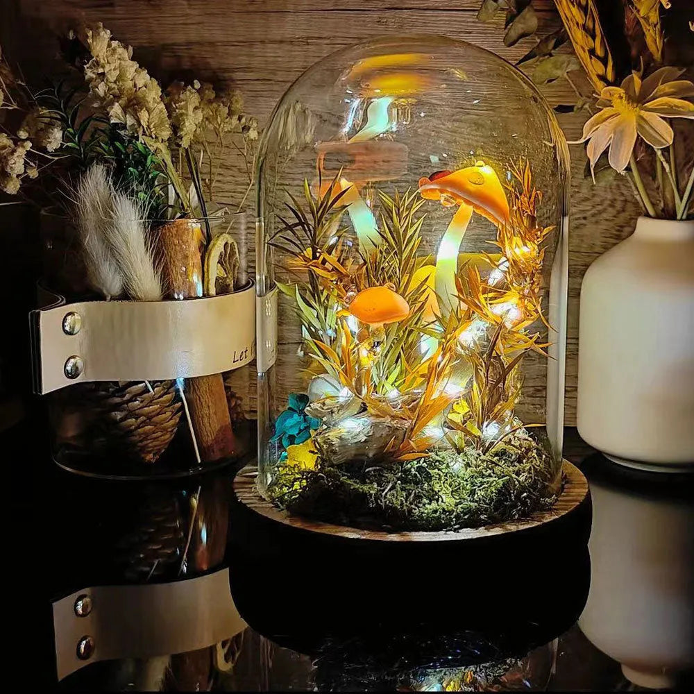 Handmade mushroom small night lamp with cylindrical glass cover and built-in battery