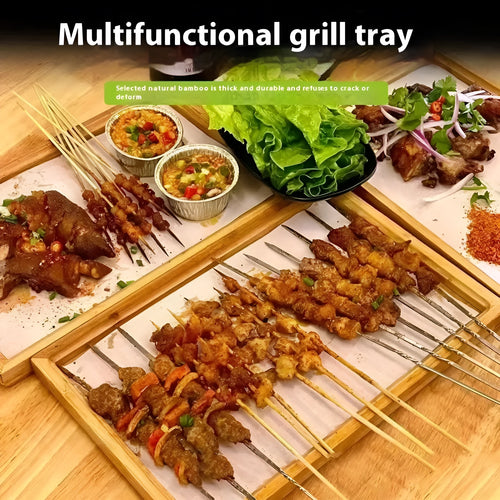 Square bamboo barbecue tray with brown handles in medium and small sizes