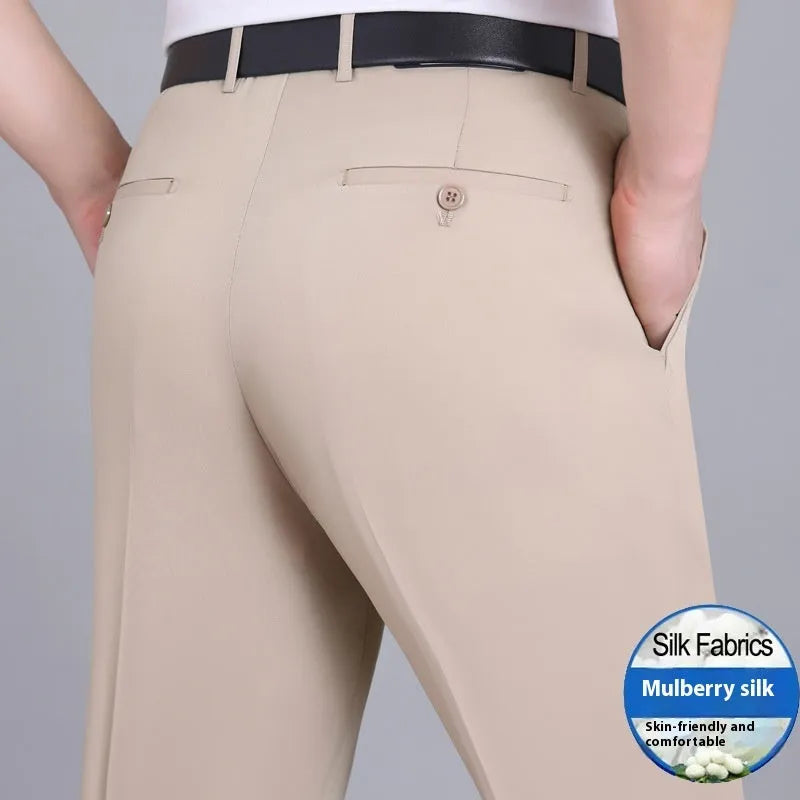 Men's straight cut high waist business trousers in mulberry silk blend fabric
