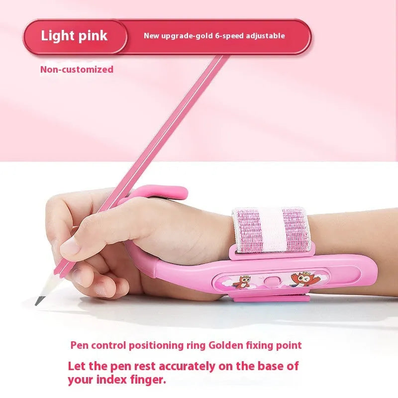 Blue Anti-hook Holder Pen Control Corrector wrist brace on a hand holding a pencil.
