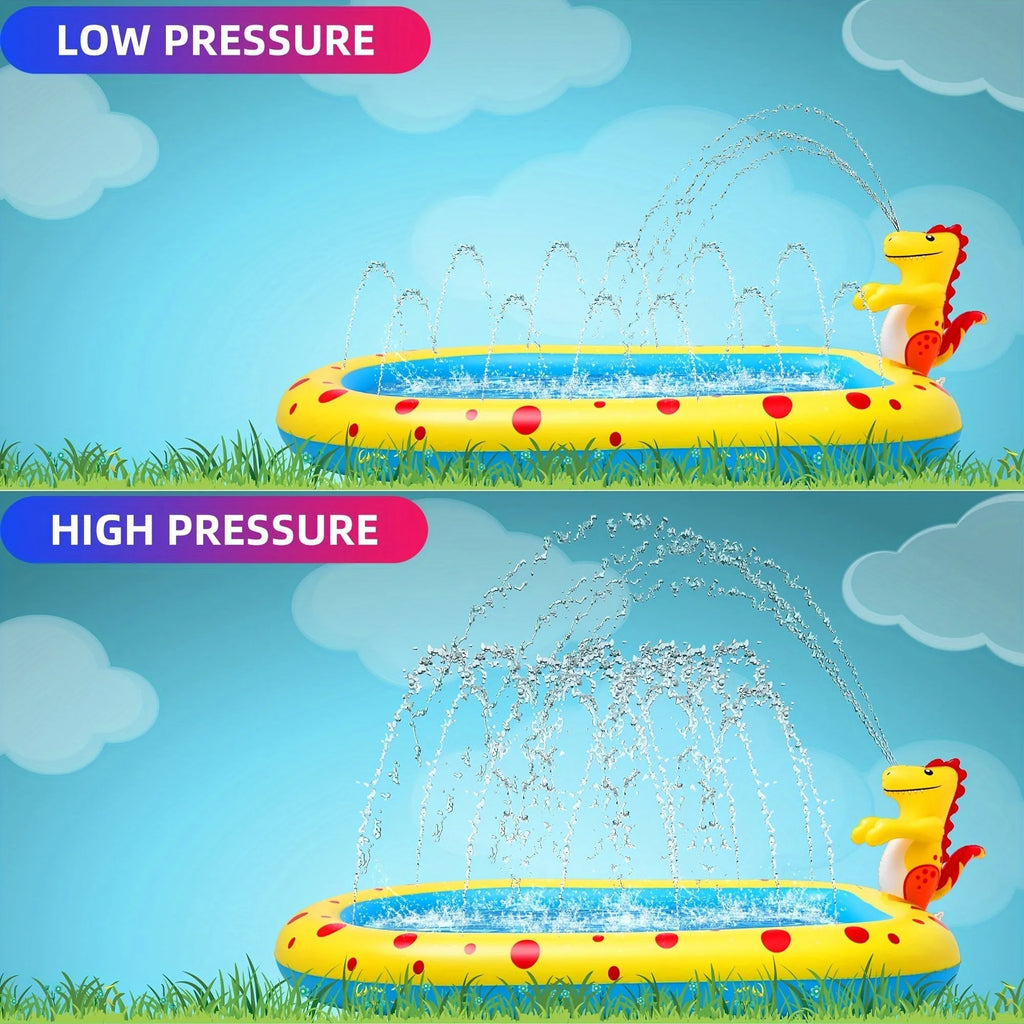 Blue dinosaur-themed inflatable water spray pool measuring 170 cm long for kids and pets