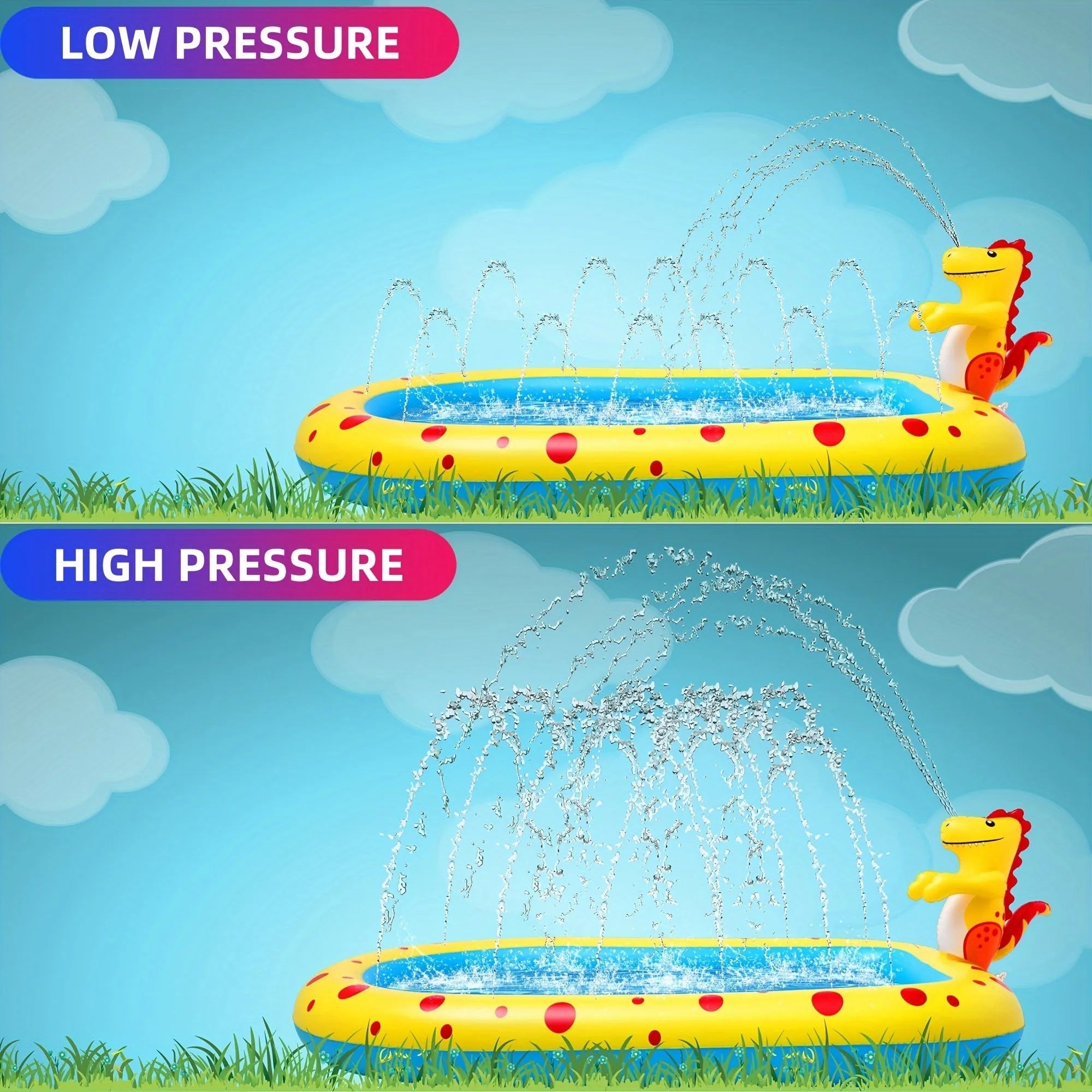Blue dinosaur-themed inflatable water spray pool measuring 170 cm long for kids and pets