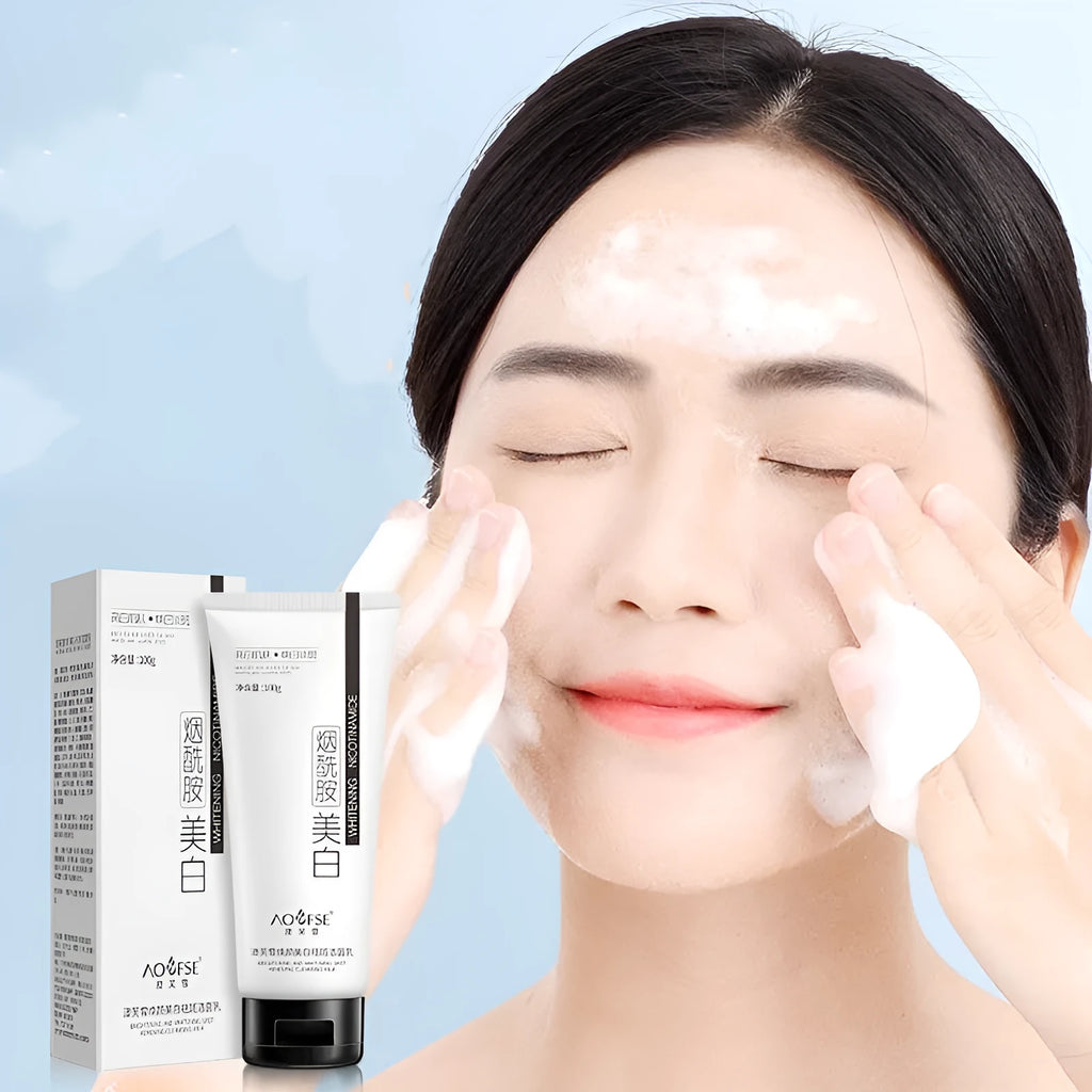 White bottle of 100ml whitening and freckle removing facial cleanser for universal use.