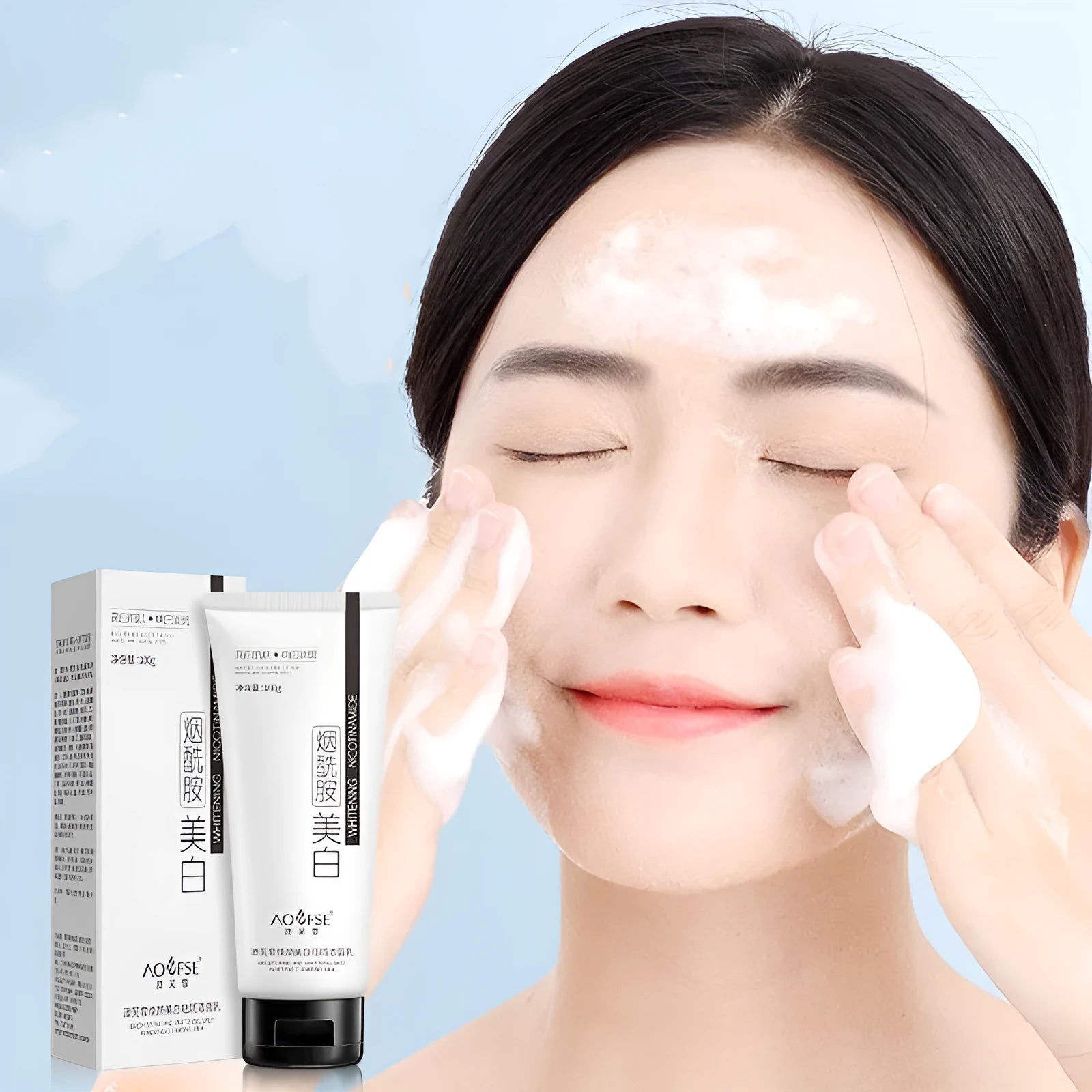 White bottle of 100ml whitening and freckle removing facial cleanser for universal use.