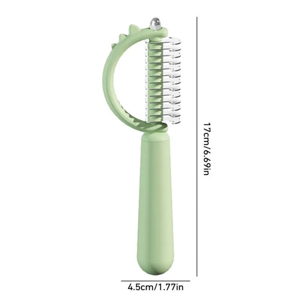 Blue dinosaur-shaped self-cleaning cat brush with double-sided slicker head.