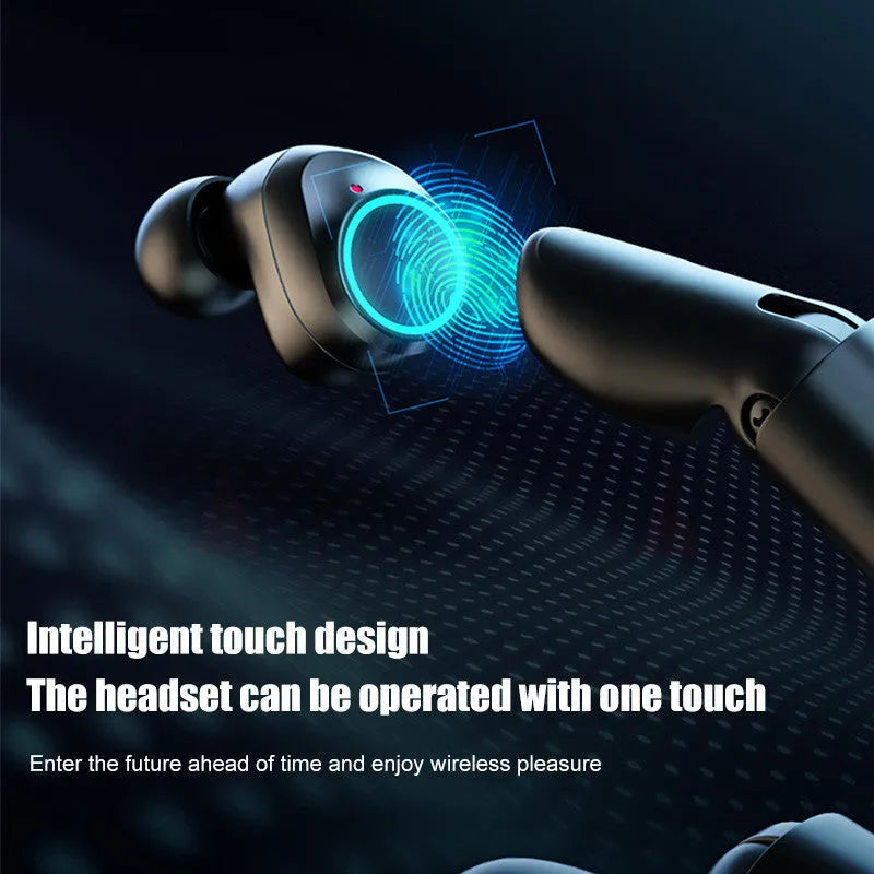 Black Bluetooth earplug-style headset placed inside its white plastic charging case.