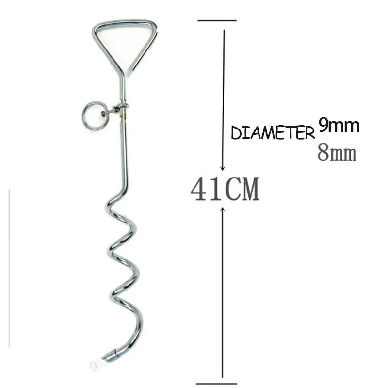 Medium spiral dog tie out stake made of solid steel for secure outdoor tethering in sandy soil