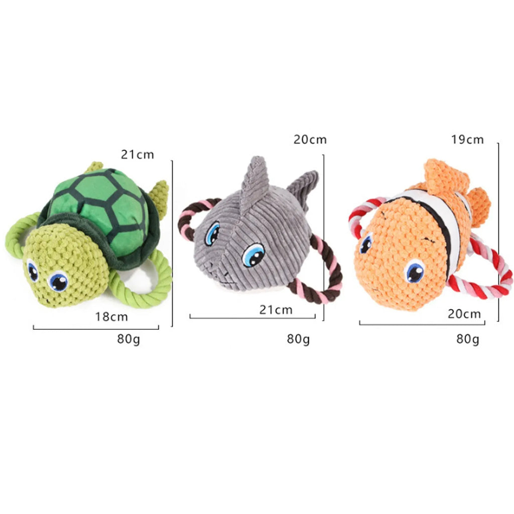 Turtle-shaped plush dog chew toy with rope core in grey, green and orange colour options