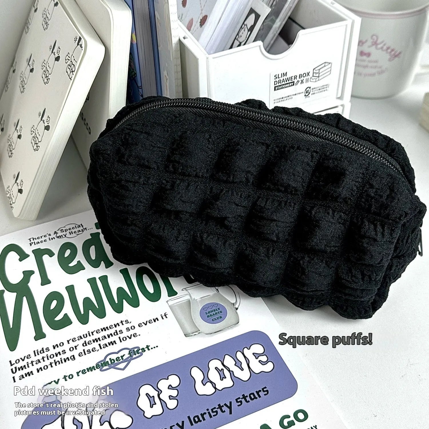 Beige fabric cream puff pencil case with zip closure for pen storage