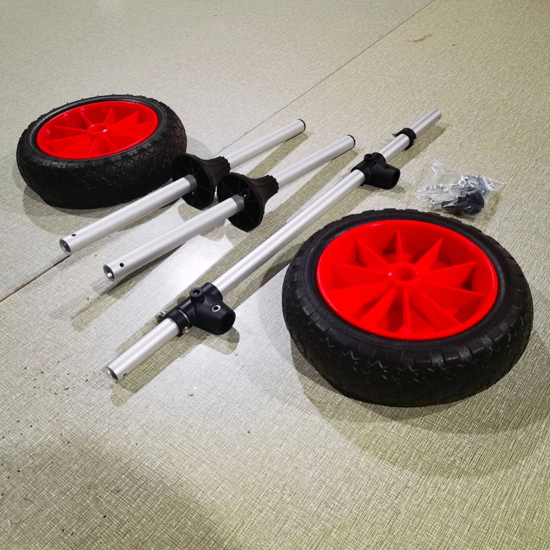 Foldable aluminium kayak beach trailer with rubber wheels and upright pole platform