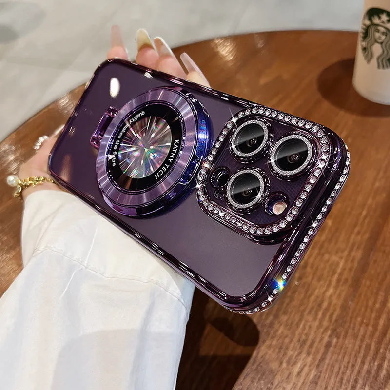 Transparent silicone iPhone case with rhinestone frame and built-in magnetic bracket in purple colour.