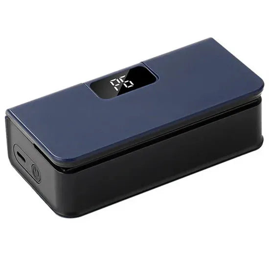 Small blue and white portable manual heat sealing machine for plastic food bags.