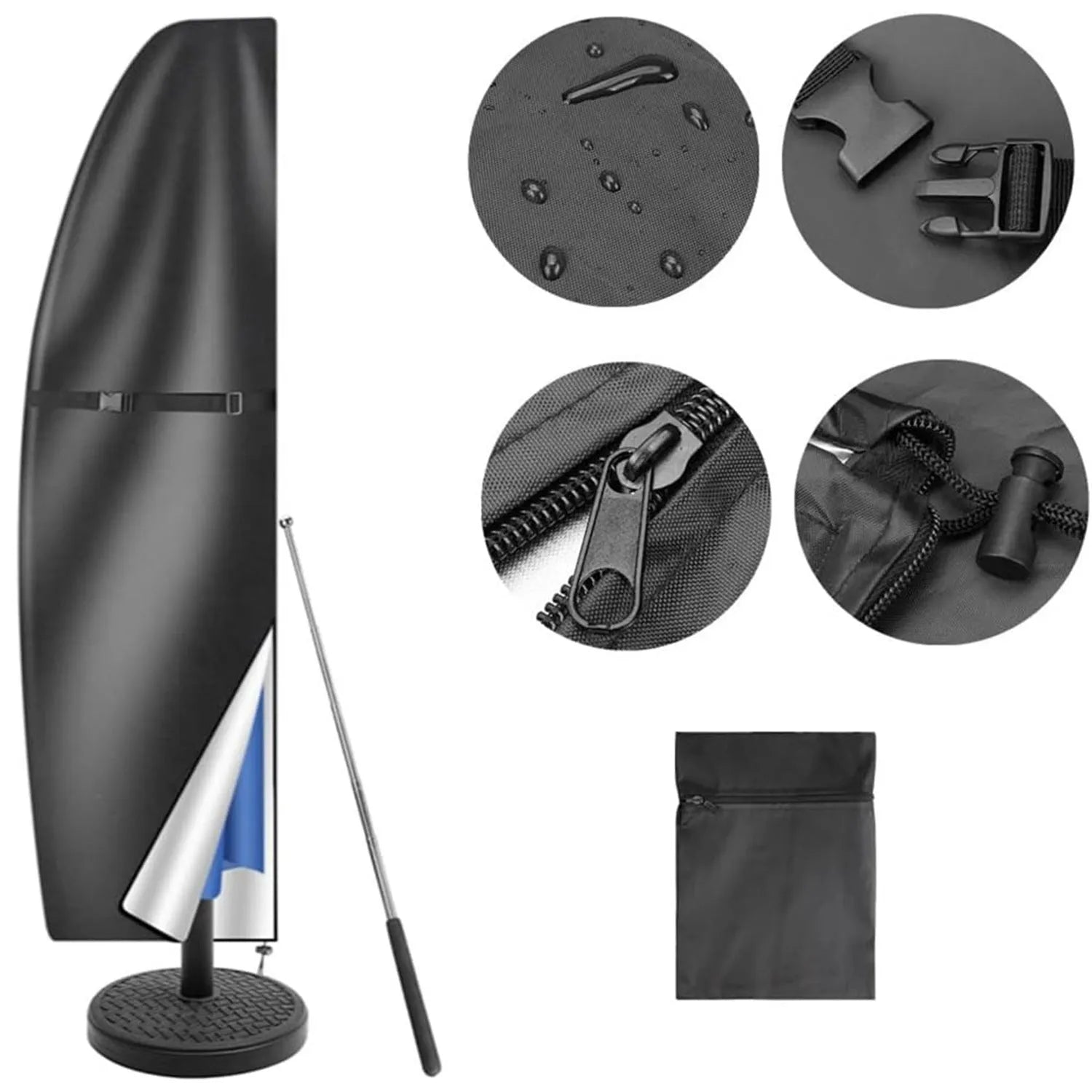 Black outdoor waterproof cover for a banana-shaped patio umbrella on a garden table