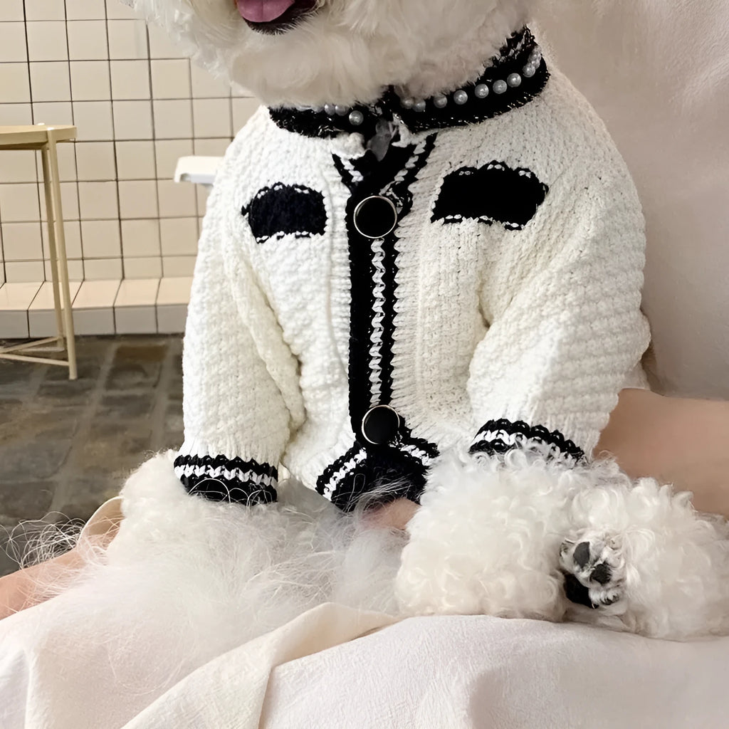 Korean-style dog sweater with pearl collar in black and white colours showing princess cut