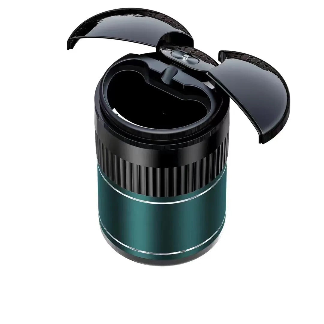 Compact metal car ashtray with lid in black, showing automatic sensor or touch controls.