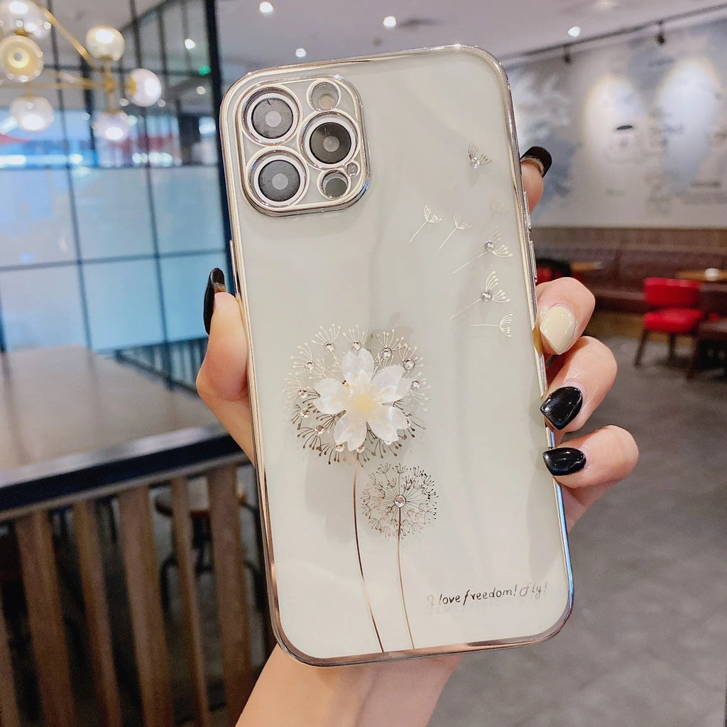 3D rotating flower silicone phone case for iPhone with built-in screen protector in green colour