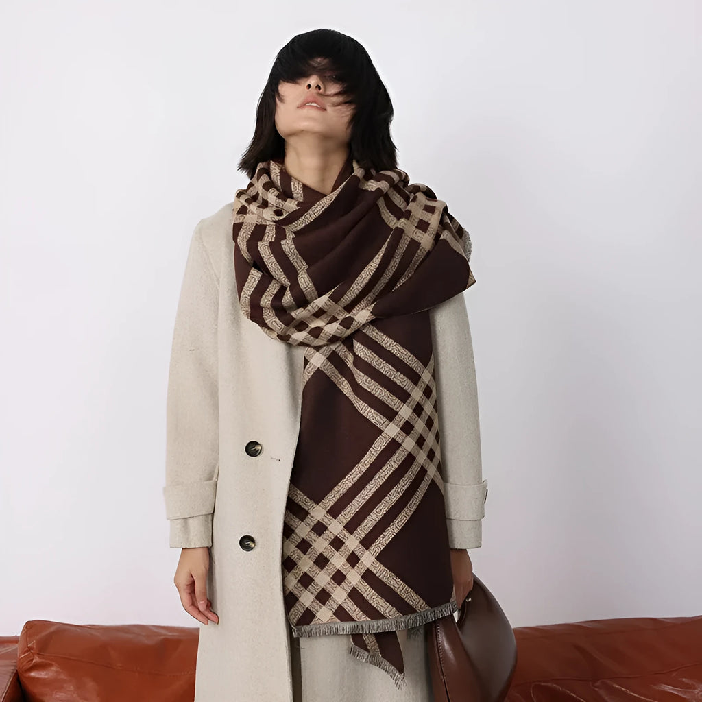 Imitation cashmere scarf in brown colour with tassels, measuring 185cm by 65cm