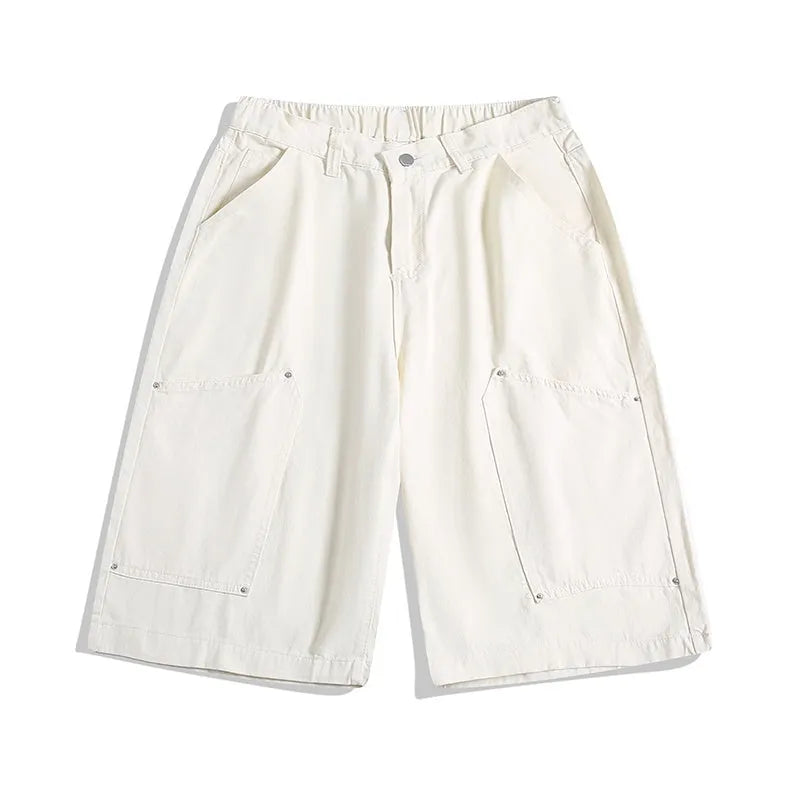 Cropped wide-leg workwear-style shorts in apricot, red, or army green with an elastic mid waistband.