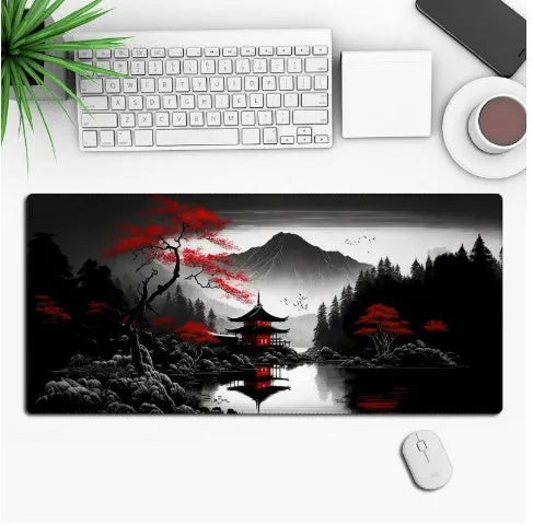 Large custom anime print gaming mouse pad on a desk with keyboard and mouse.