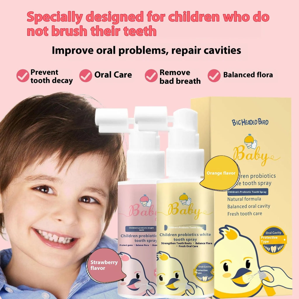 Children's probiotic anticavity oral spray in 40ml bottle with strawberry and orange flavour options