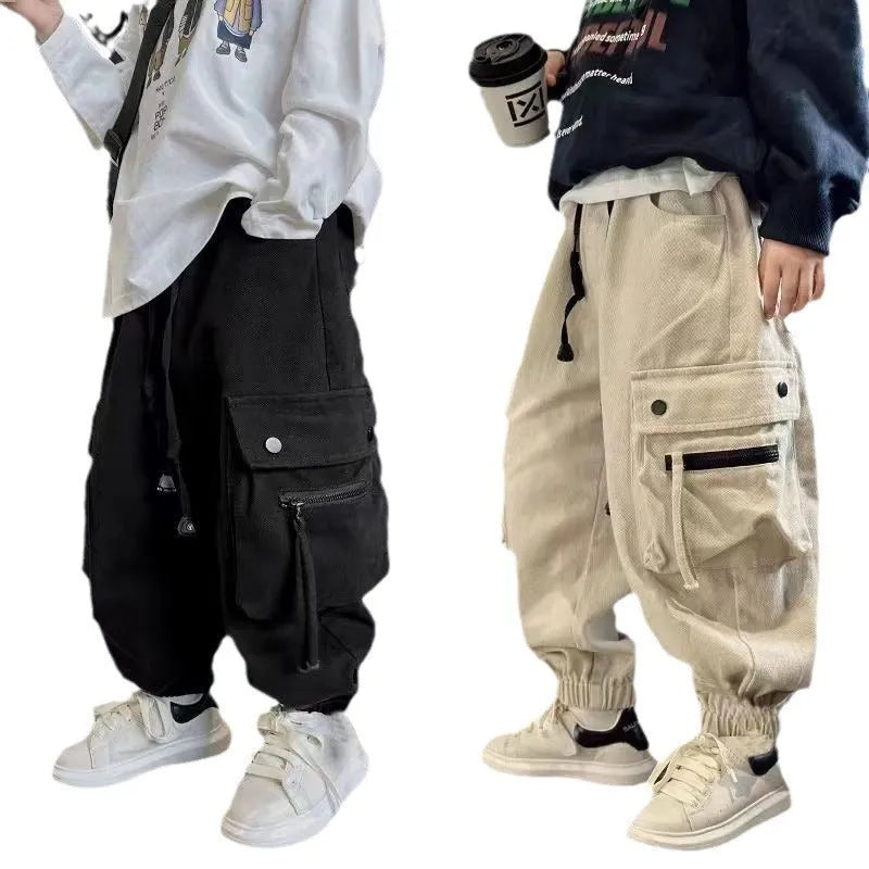 Children's cotton workwear pants in beige and black, mid waist, sizes 120cm to 170cm